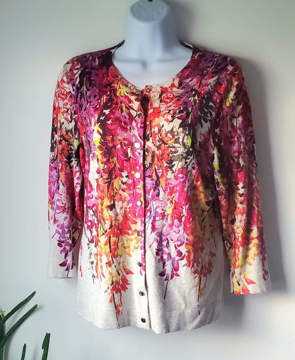 Karen Millen Womens Cream Fall Floral Snap Button Cardigan Sweater Size L Artsy